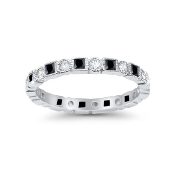 Bezel Set Eternity Ring Alternating Simulated Black CZ 925 Sterling Silver